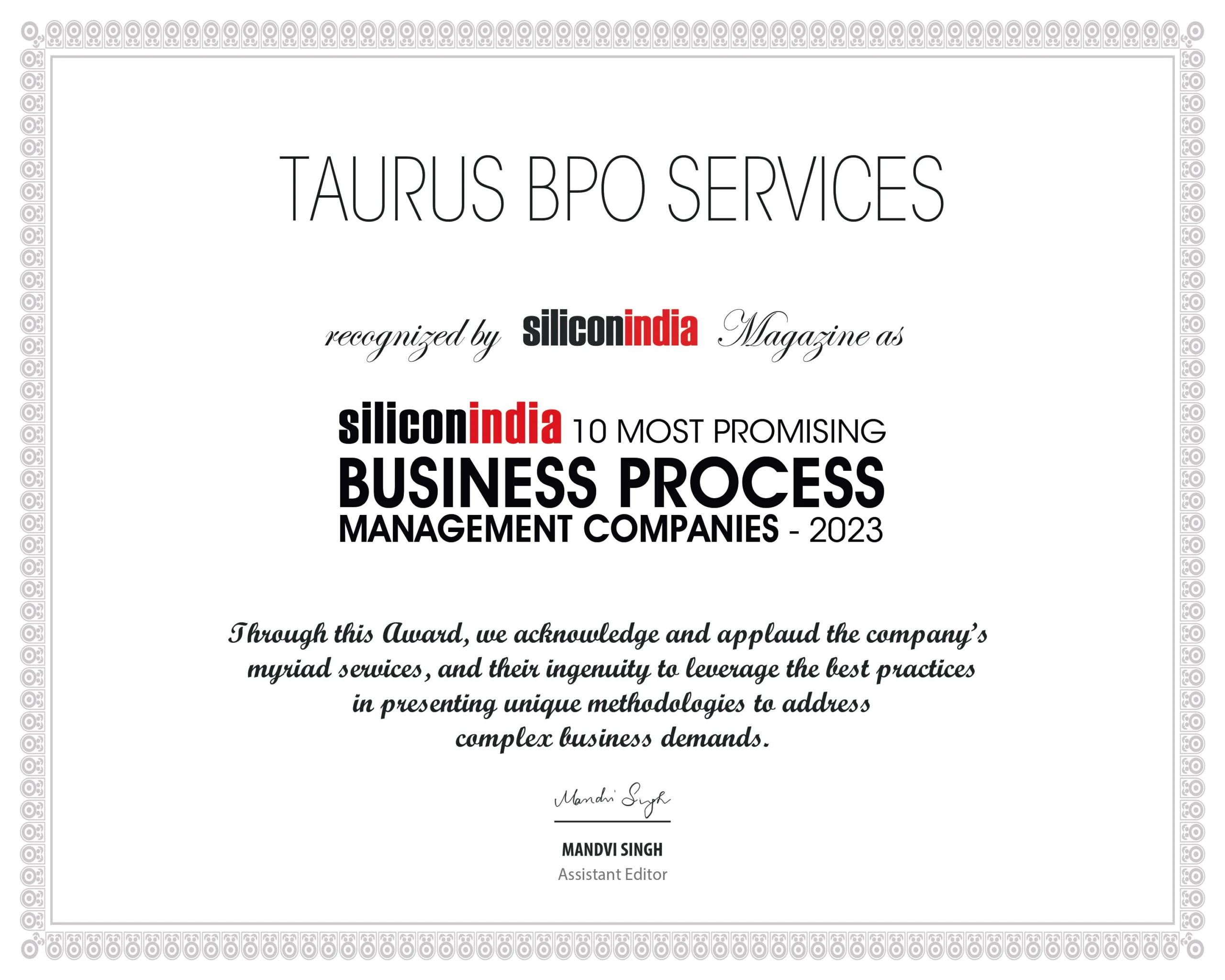 taurus bpo services certificate489730